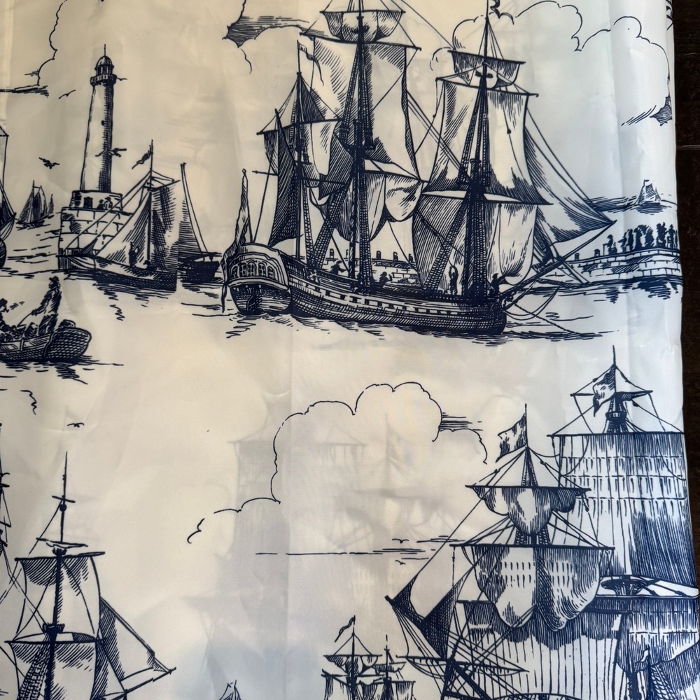 Nautical Toile Shower Curtain Blue White Tall Ships Lighthouse Maritime Decor